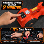 Hand pressing the button controls on the car jack with 12V cigarette lighter and battery clamp power options