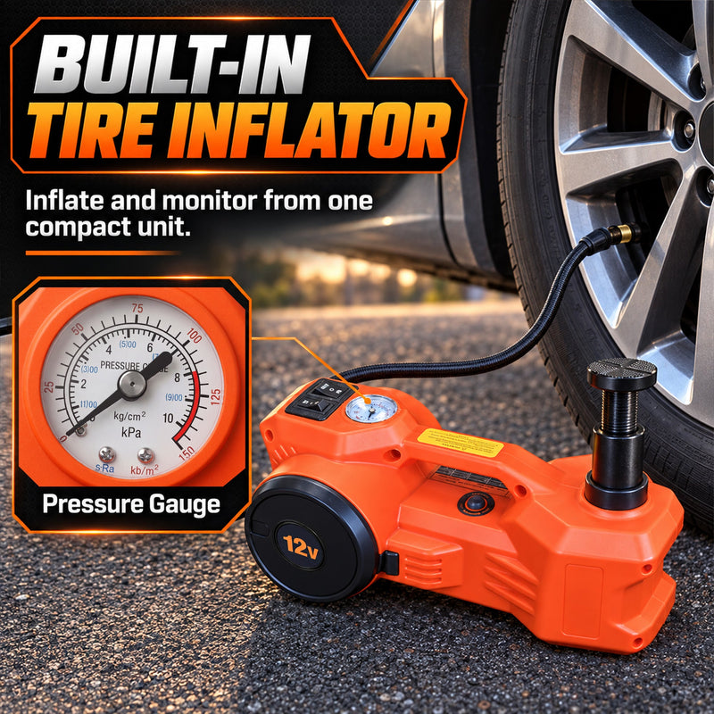Built-in tyre inflator with pressure gauge and air hose connected to a car tyre