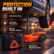 Car jack raised under a vehicle with the reflective warning triangle storage case beside it