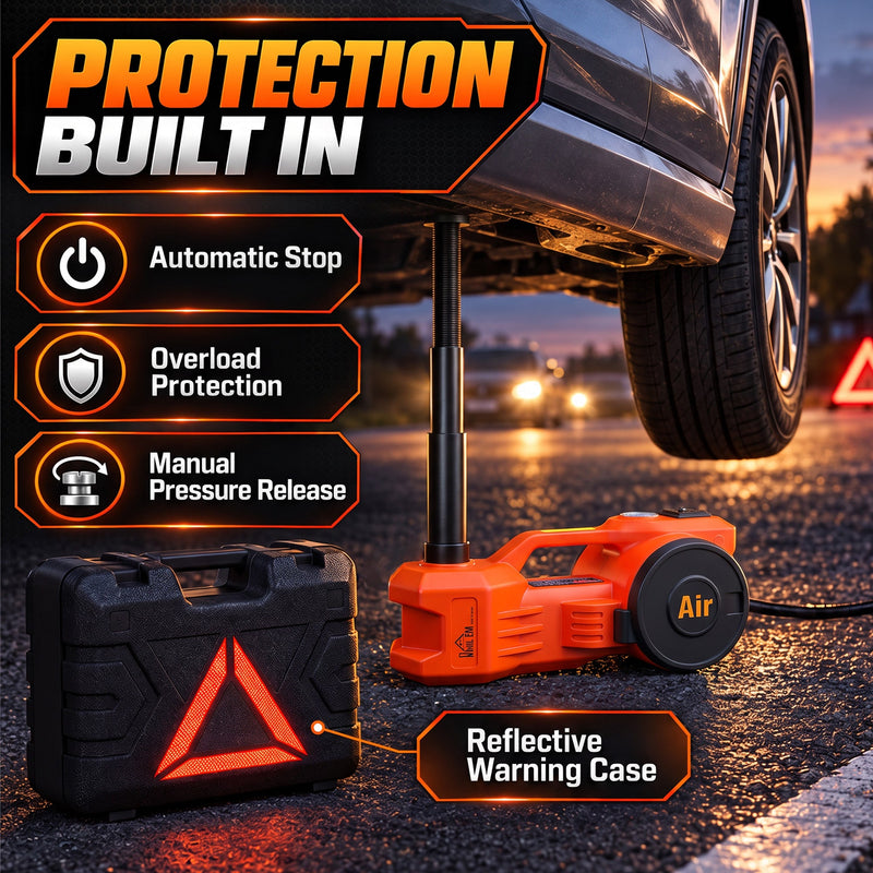 Car jack raised under a vehicle with the reflective warning triangle storage case beside it