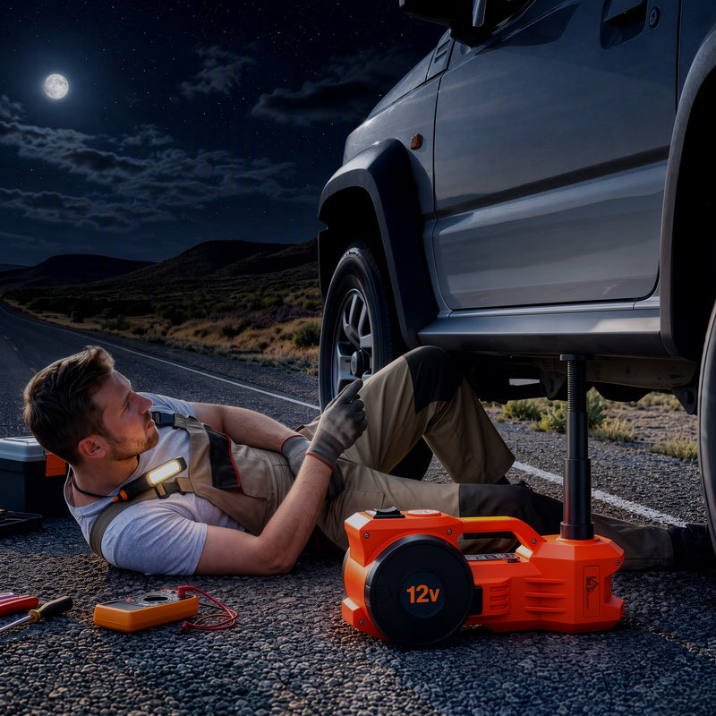Man lying beside a car at night using the electric jack to change a tyre