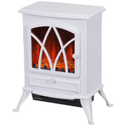 Freestanding electric fireplace heater with arched window and curved legs, studio view