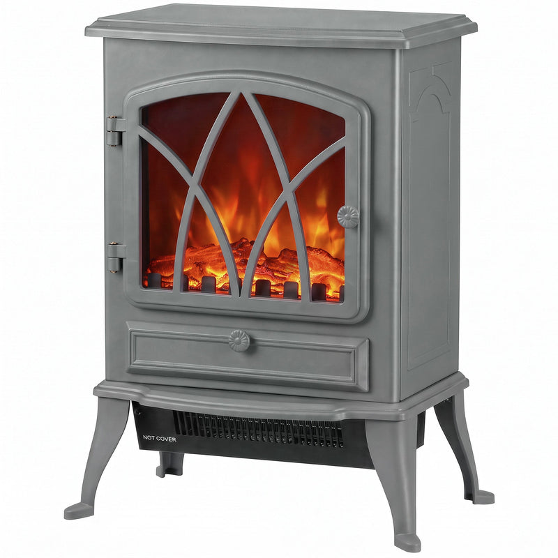 Electric fireplace heater front view showing the arched glass door and flames