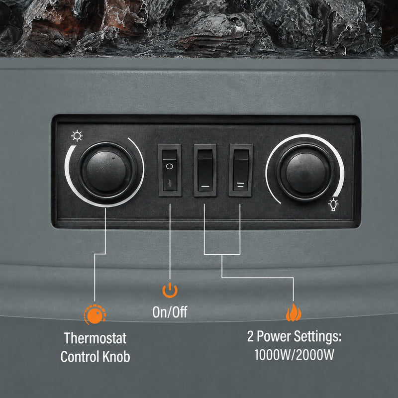 Labelled control panel with thermostat knob, on/off switch and two power settings