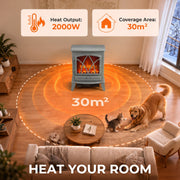 2000W heater warming a 30 m² living room with a dog and cat on the rug