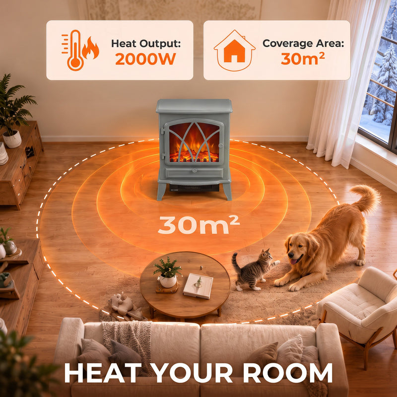 2000W heater warming a 30 m² living room with a dog and cat on the rug