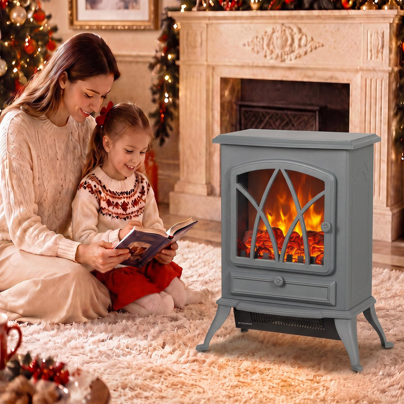 Mother and daughter reading on the floor next to the heater at Christmas