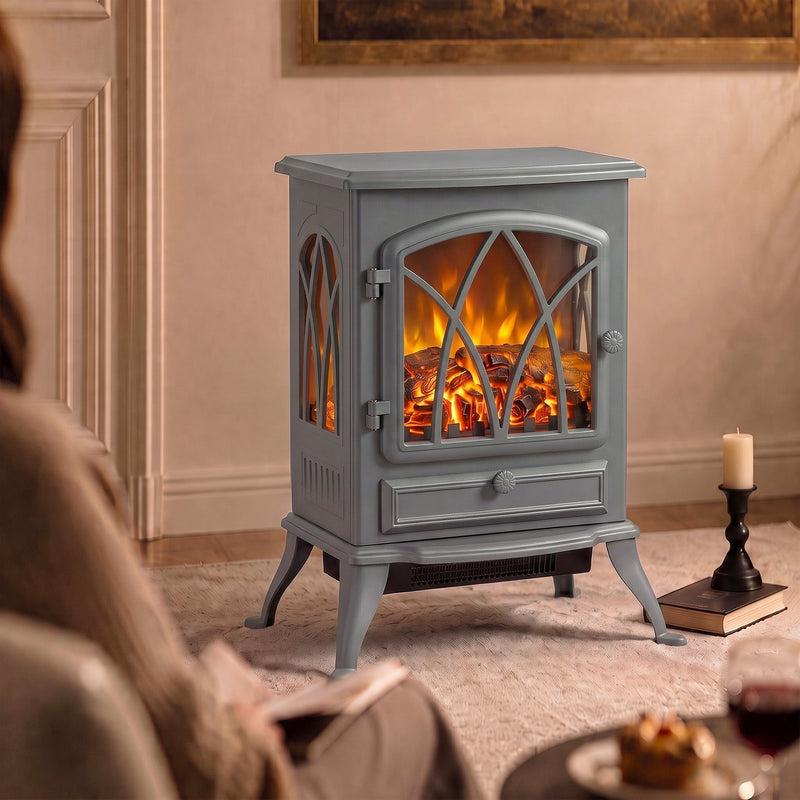 Stove heater glowing in a warm lounge beside a candle and glass of wine