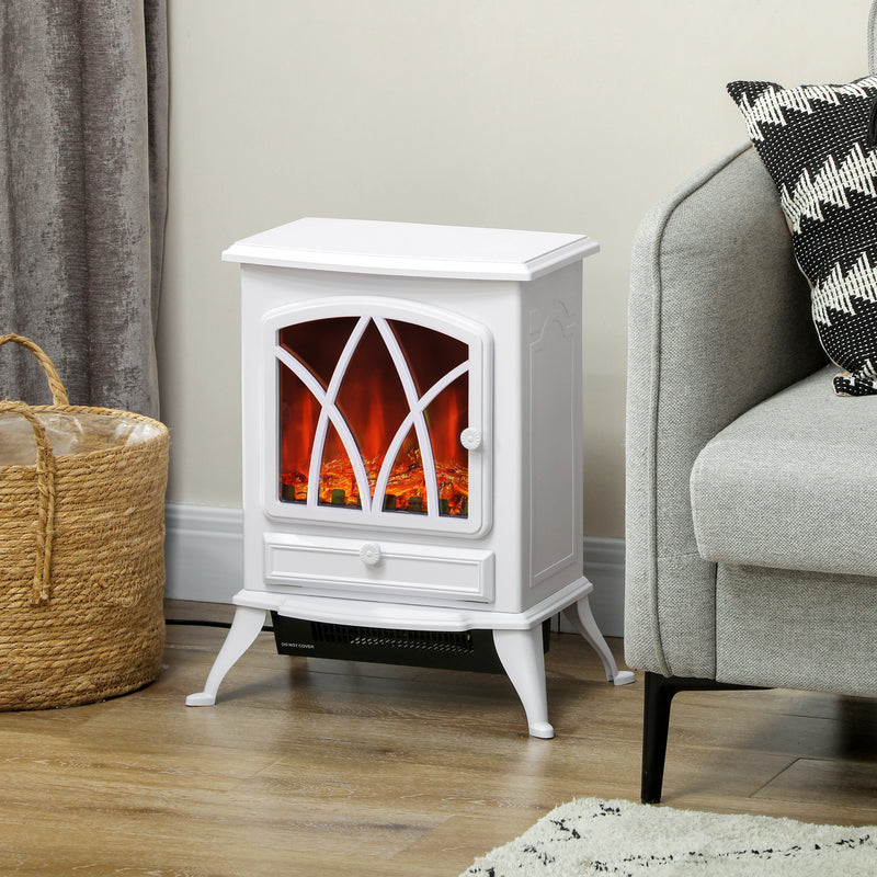 Electric stove heater on a wooden floor beside an armchair and wicker basket