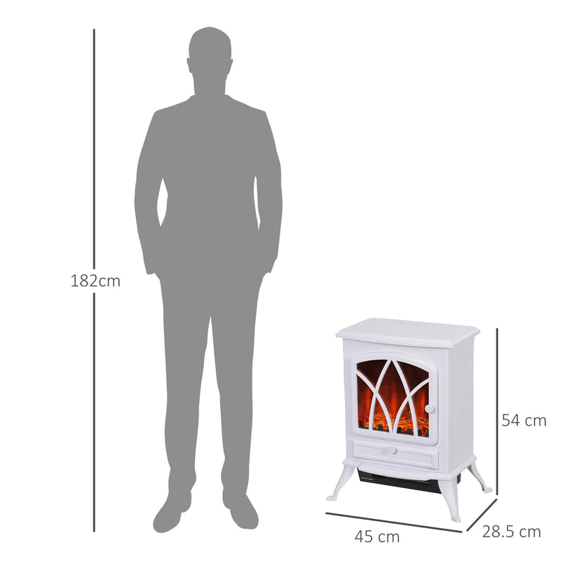 Size comparison of the 54 x 45 x 28.5 cm fireplace heater next to a 182 cm figure