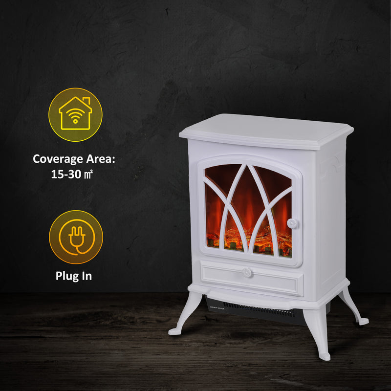 Fireplace heater with icons for 15–30 m² coverage area and plug-in use