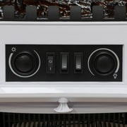 Close-up of the thermostat and flame brightness dials with rocker switches