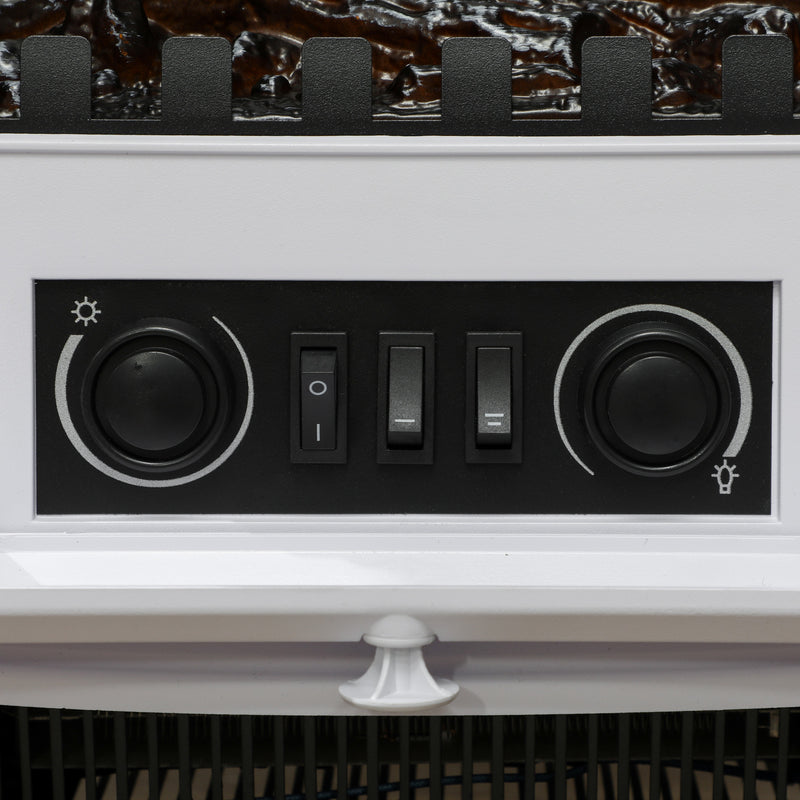 Close-up of the thermostat and flame brightness dials with rocker switches