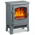 Homcom grey electric fireplace heater, front view with LED flame lit