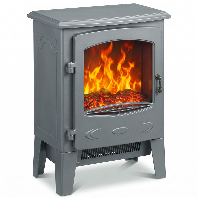 Homcom grey electric fireplace heater, front view with LED flame lit