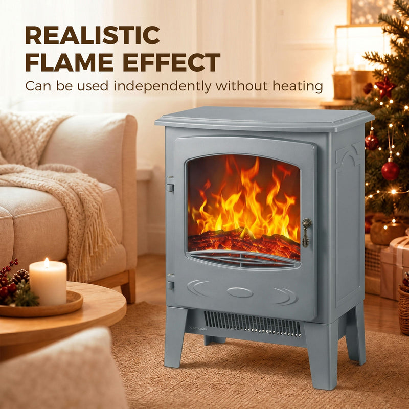 Grey electric fireplace heater running flame-only mode without heat in a living room