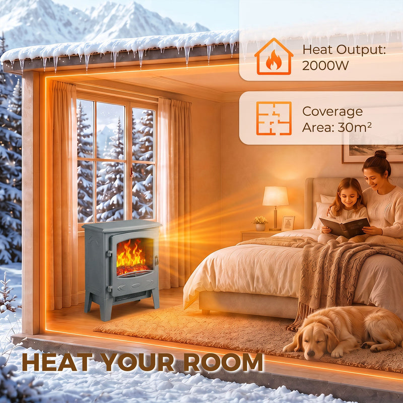 Grey electric fireplace heater warming a bedroom scene, coverage up to 30 square metres