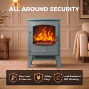 Grey electric fireplace heater with overheat protection, safety plug and heat-resistant ABS housing