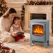 Grey electric fireplace heater beside a mother and daughter reading near a decorated fireplace