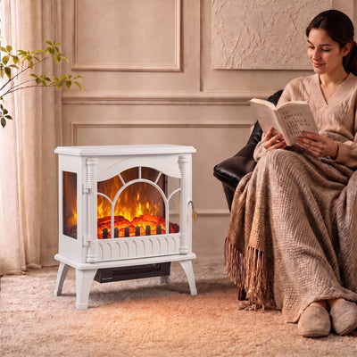 White electric fireplace stove in a living room with a woman reading beside it