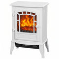 HOMCOM electric fireplace stove in white, front three-quarter studio view with hinged glass door and LED log flame