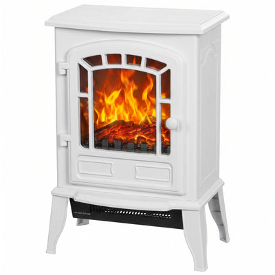 HOMCOM electric fireplace stove in white, front three-quarter studio view with hinged glass door and LED log flame