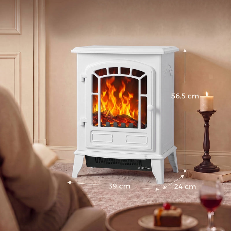 White electric fireplace stove dimensions diagram, 56.5 cm high, 39 cm wide, 24 cm deep