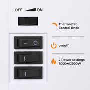 Side control panel showing the thermostat knob, flame switch and 1000W/2000W power settings