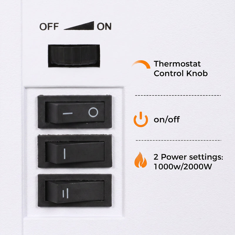 Side control panel showing the thermostat knob, flame switch and 1000W/2000W power settings
