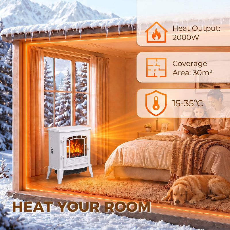 Infographic showing 2000W heat output, 30 square metre coverage and 15-35 degree thermostat range warming a bedroom
