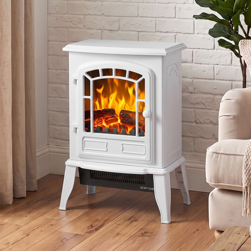 White electric fireplace stove glowing against a white brick wall in a modern living room