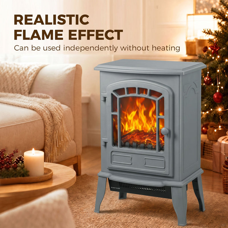 Grey electric fireplace stove running the LED flame effect independently of the heat