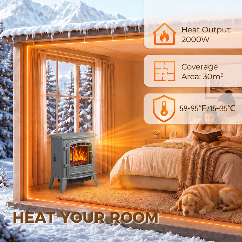 Grey electric fireplace stove warming a bedroom scene, coverage up to 30 square metres