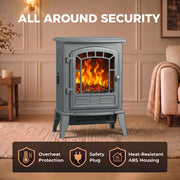Grey electric fireplace stove with overheat protection, safety plug and heat-resistant ABS housing