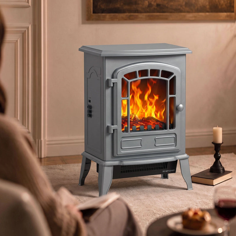 Grey electric fireplace stove in a living room beside a candlestick and books