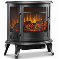 Black electric fireplace stove with 3-sided flame effect, angled studio view
