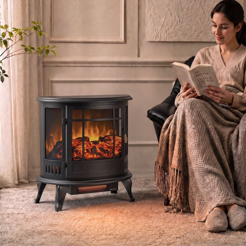 Black fireplace stove beside an armchair in a cosy living room