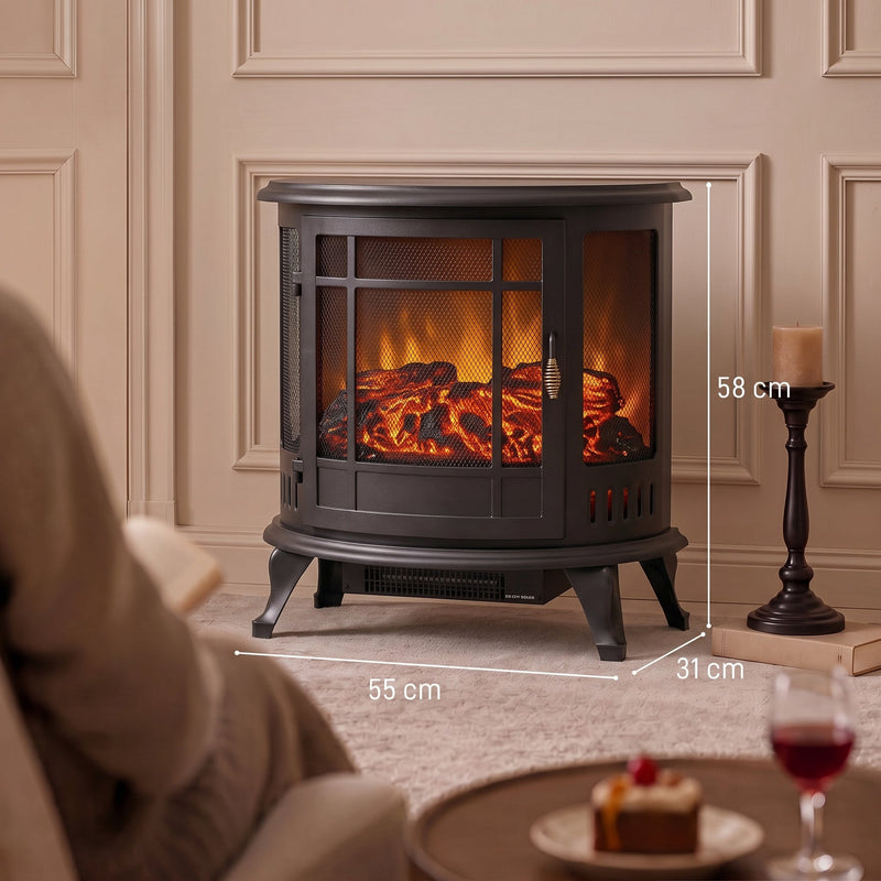 Dimensions diagram showing 55W x 31D x 58H cm size for the electric fireplace stove