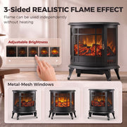 Adjustable flame brightness dial and metal-mesh window views of the fireplace stove