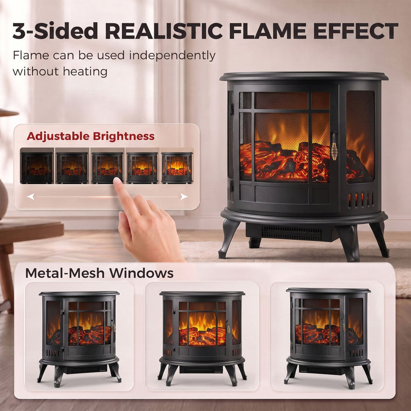 Adjustable flame brightness dial and metal-mesh window views of the fireplace stove