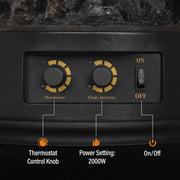 Close-up of the thermostat, flame intensity and on-off control panel, 2000W power setting