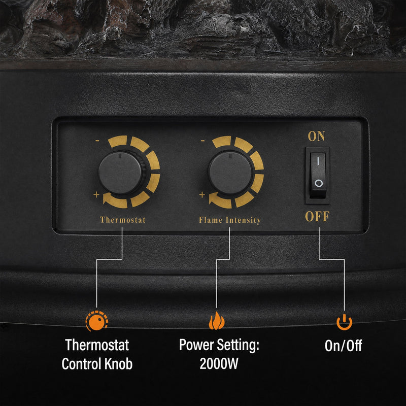Close-up of the thermostat, flame intensity and on-off control panel, 2000W power setting