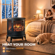 Electric fireplace stove heating a bedroom with 2000W heat output and 30 square metre coverage shown