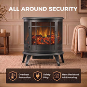 Fireplace stove features overheat protection, safety plug and heat-resistant ABS housing icons