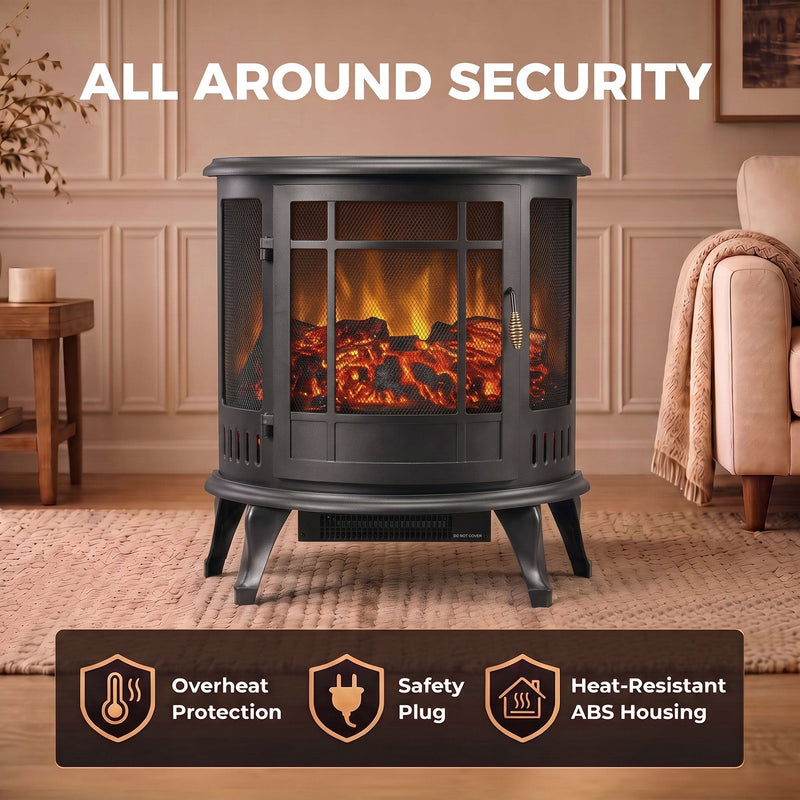 Fireplace stove features overheat protection, safety plug and heat-resistant ABS housing icons