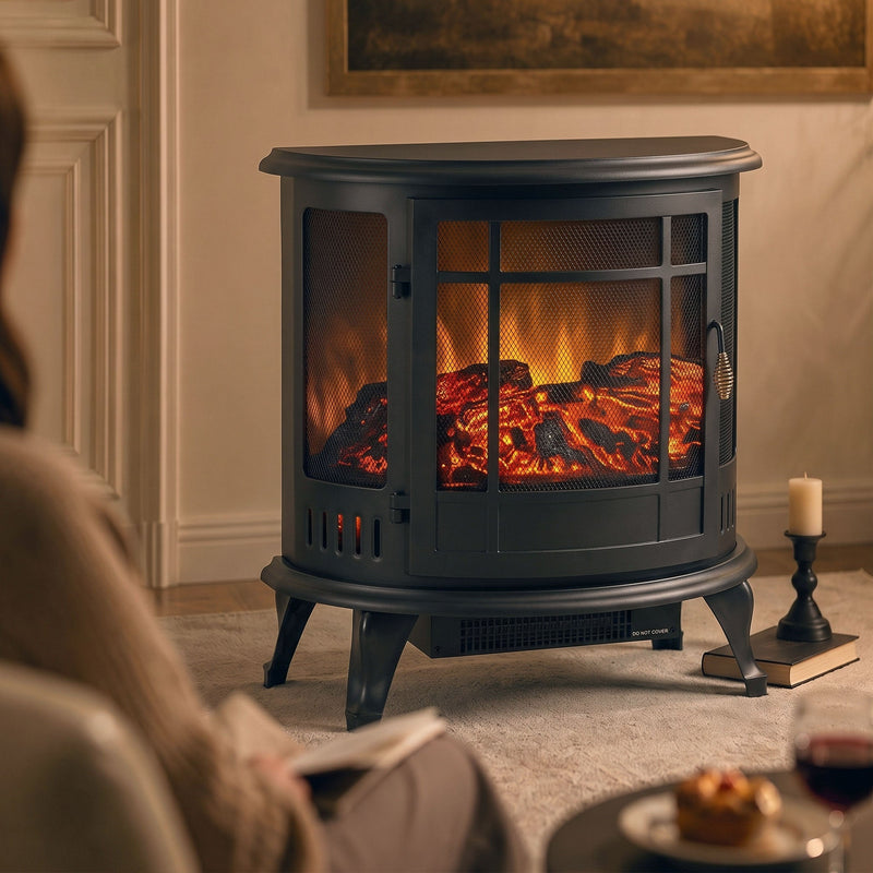 Close-up of the fireplace stove's realistic log and flame effect beside a candle