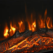Close-up of orange flames glowing over black faux logs