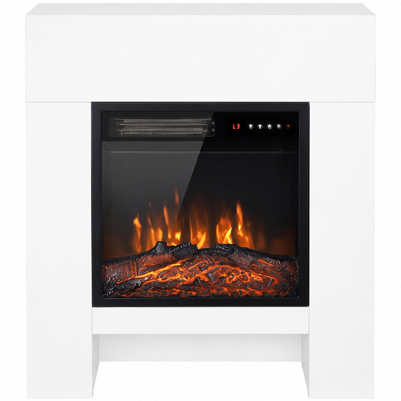 White electric fireplace suite with an open bottom space and a black framed log flame fire on a white background