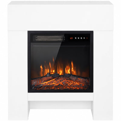 White electric fireplace suite with an open bottom space and a black framed log flame fire on a white background