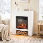 White electric fireplace suite with logs stored in the open bottom space beside an armchair